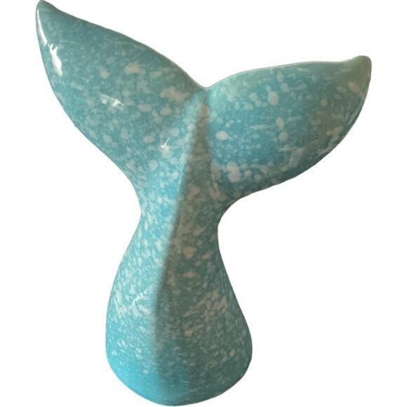 Ceramic Whale Tail Figurine Turquoise Blue Speckled 6 Inches Coastal Decor - Picture 2 of 7